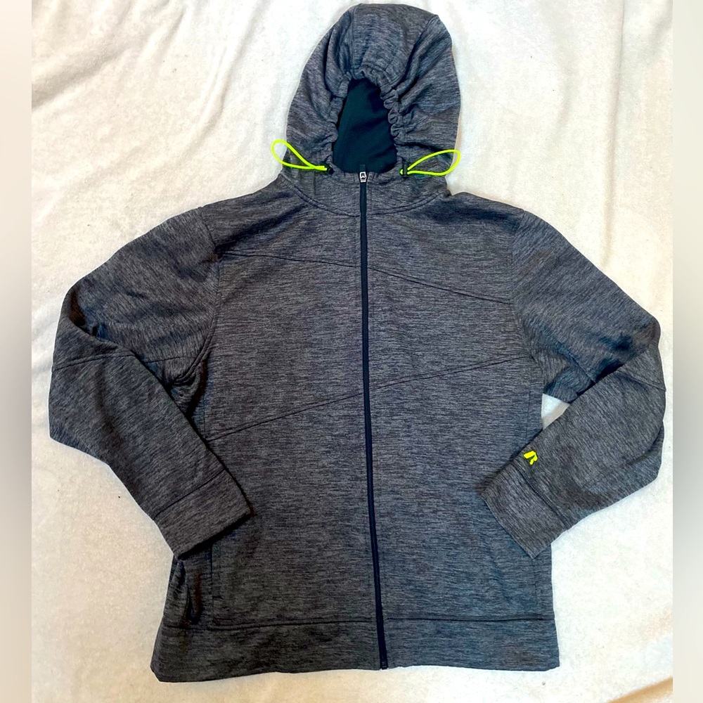 Dark charcoal Heather grey zip up hoodie. Size M